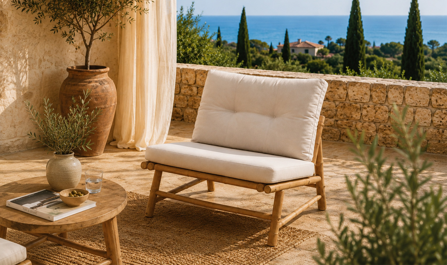 Two striped outdoor lounge chairs in blue and terracotta under a matching patio umbrella, set against a stone wall terrace with plants and soft natural light